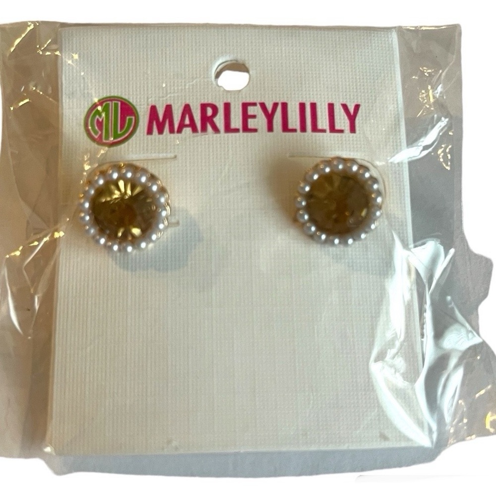 NWT Marley Lilly Earrings Gold Yellow Gem Stone and Pearls - Picture 3 of 7